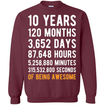 Birthday T-shirt 10 Years Old Of Being Awesome Maroon