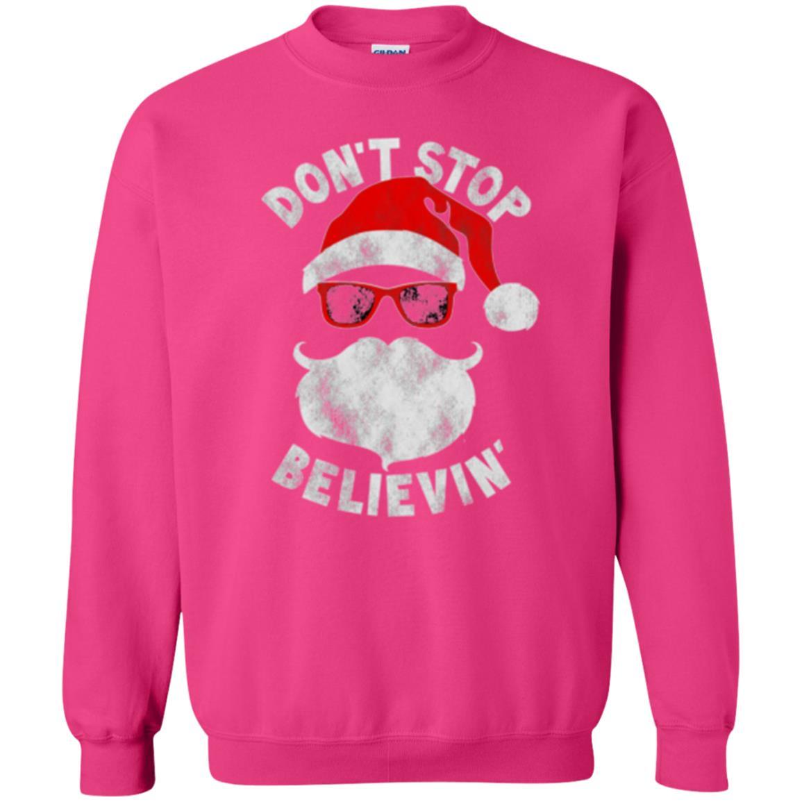 Christmas T-shirt Don't Stop Believing Cool Shades Santa Heliconia
