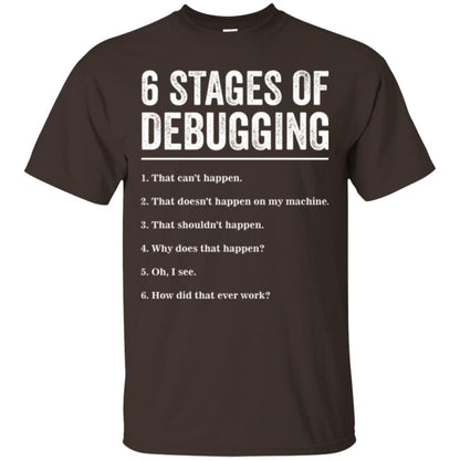 Programmer T-shirt 6 Stages Of Debugging Dark Chocolate