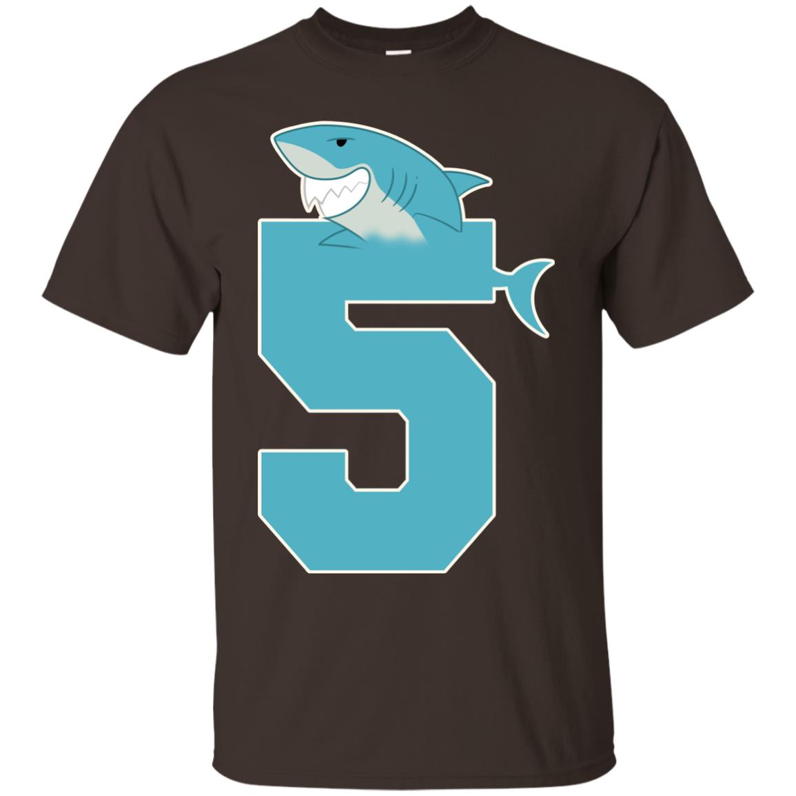 5th Birthday Shark Party Shirt Dark Chocolate
