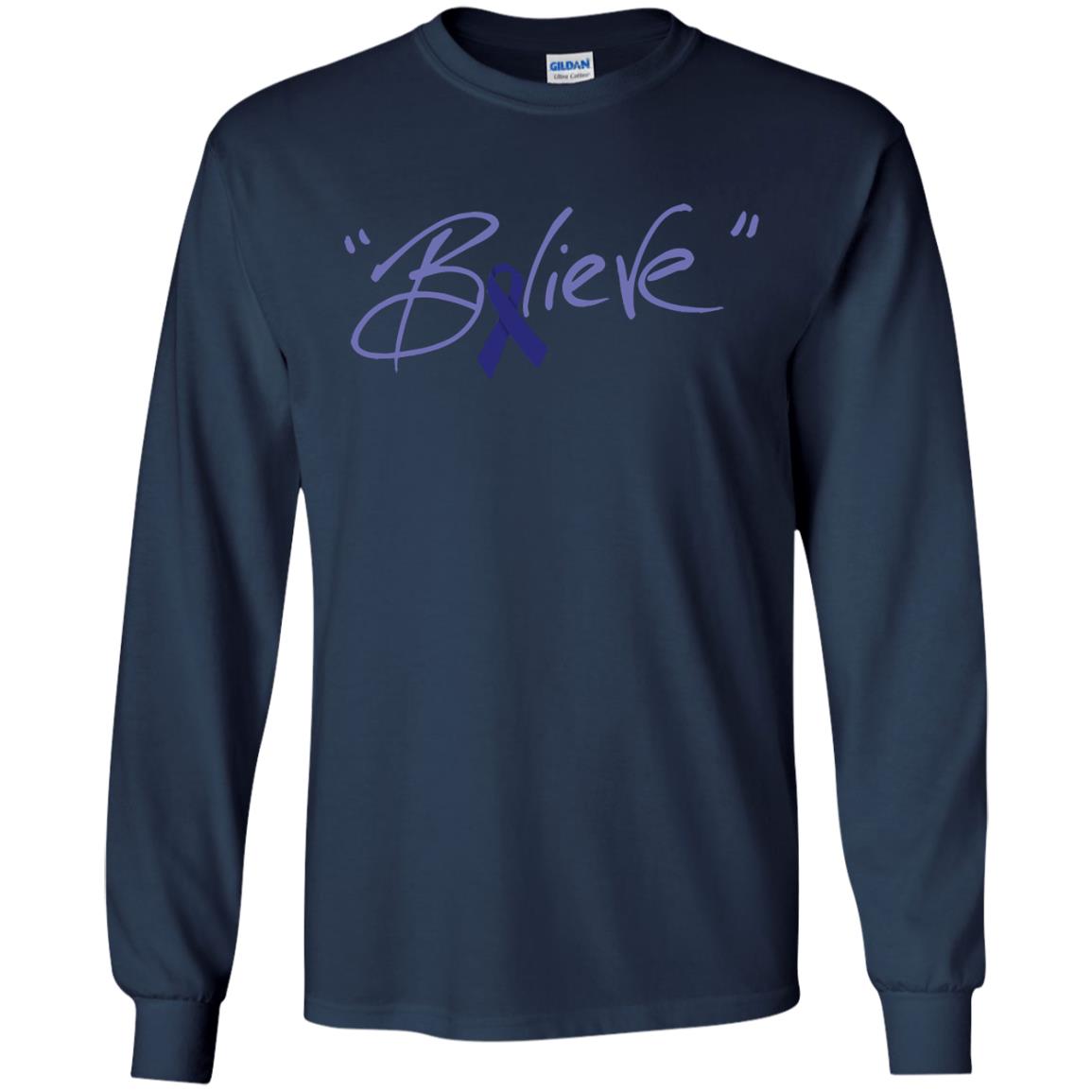 Colon Cancer Awareness Shirt Dark Blue Ribbon Believe Navy