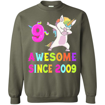 9th Birthday T-shirt Unicorn Dabbing Awesome Since 2009 Military Green