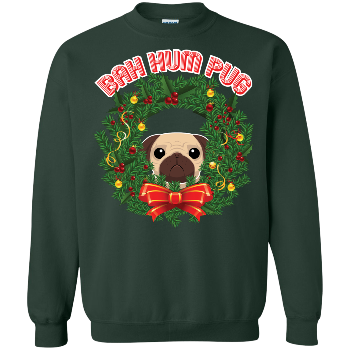 Christmas T-Shirt Bah Hum Pug Forest Green