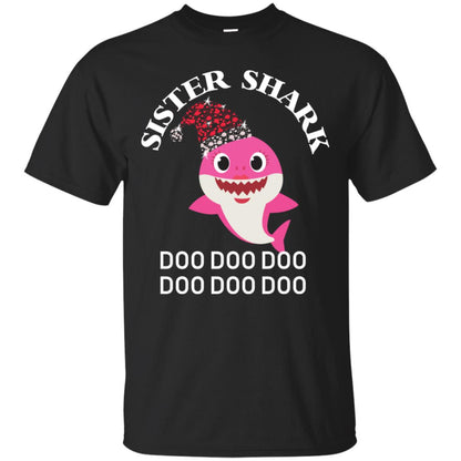Sister Shark With Santa Claus Hat Merry X-mas Family Shark Gift Shirt Black