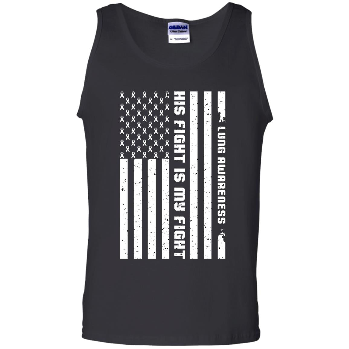 Lung Awareness His Fight Is My Fight Clear Ribbon Stars Flag Of Usa Shirt Black