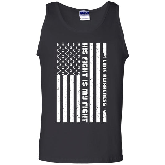 Lung Awareness His Fight Is My Fight Clear Ribbon Stars Flag Of Usa Shirt Black