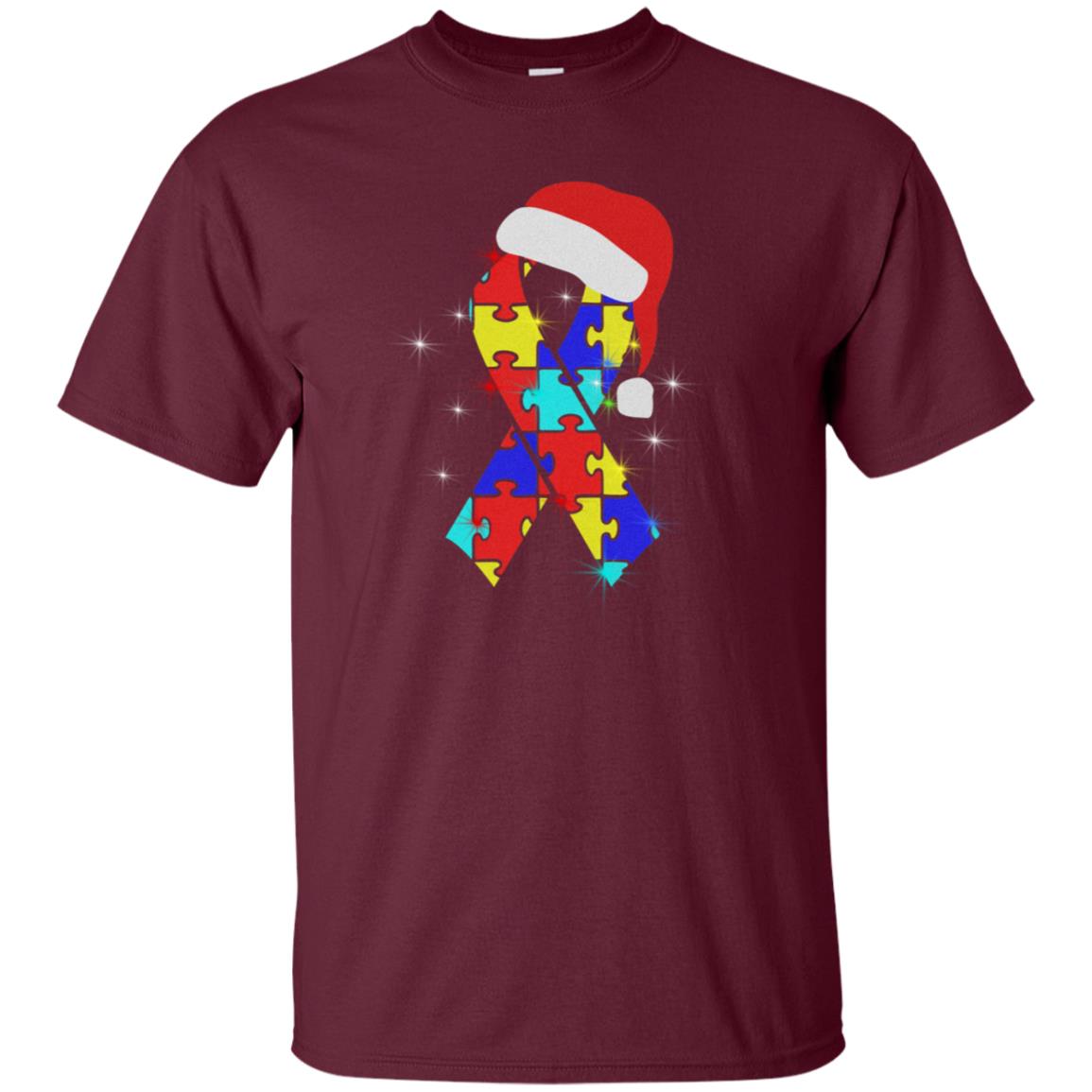 Autism Puzzle Ribbon Santa Hat X-mas Gift Shirt Maroon