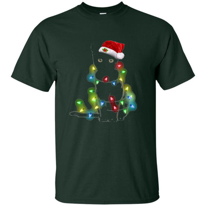 Christmas T-shirt Cat And Lights Forest Green
