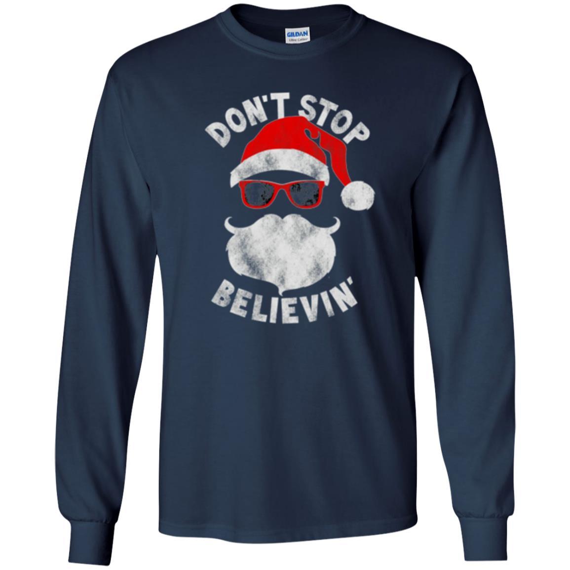 Christmas T-shirt Don't Stop Believing Cool Shades Santa Navy