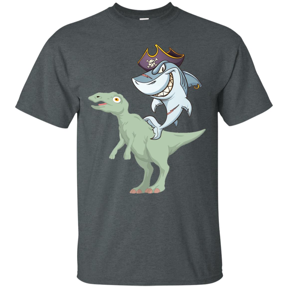 Shark Pirate Riding A T-rex Dinosaur Funny Gift Shirt Dark Heather