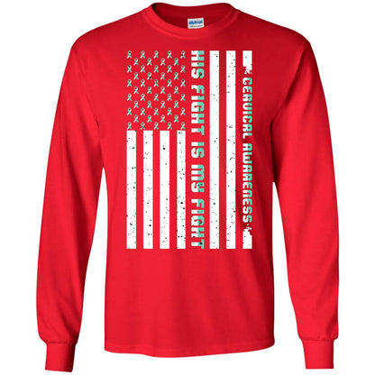 Cervical Awareness His Fight Is My Fight Teal White Stars Flag Of Usa Shirt Red