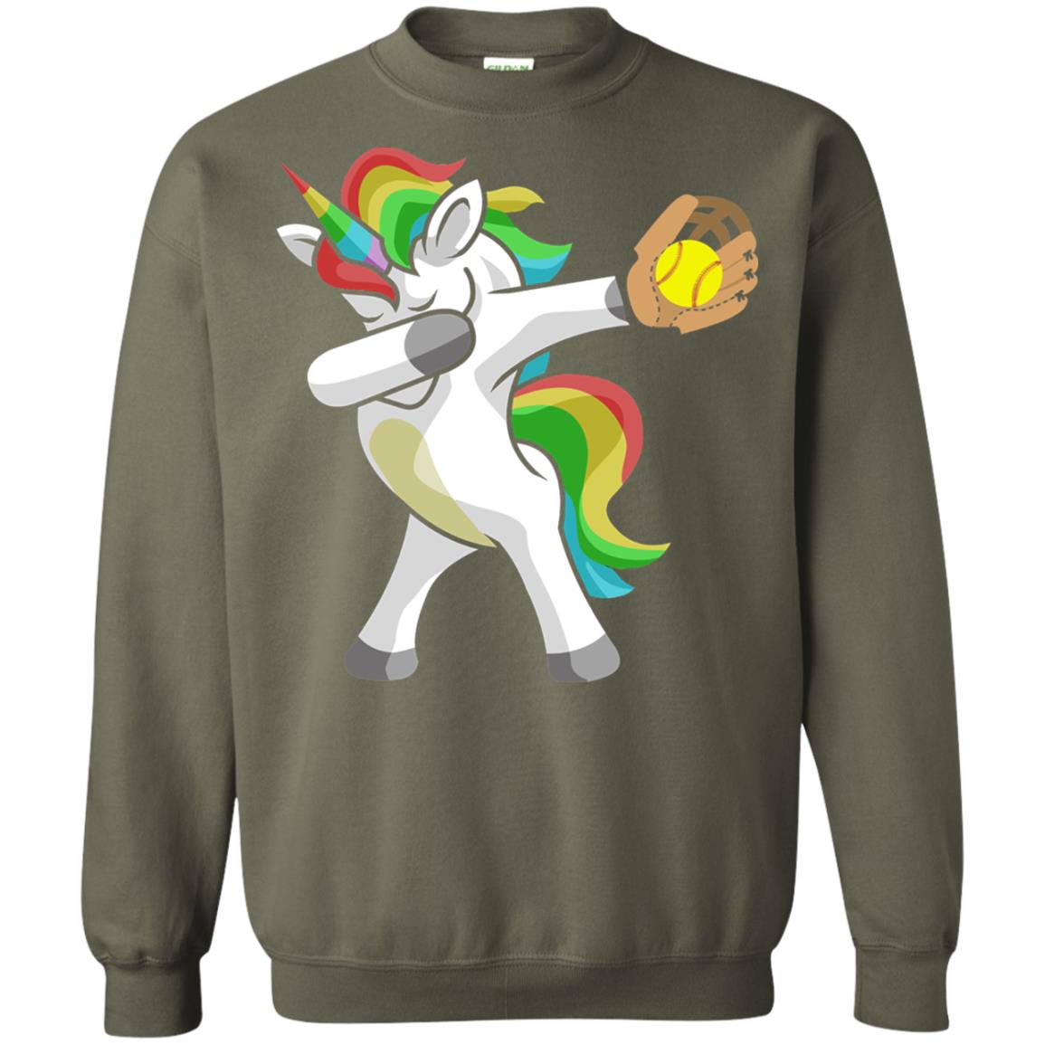 Dabbing Unicorn Softball T-shirt Funny Dabbing Military Green