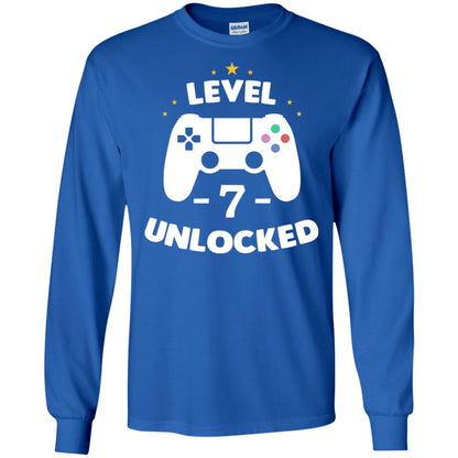 Level 7 Unlocked Gamer Seventh Birthday Party Shirt Royal