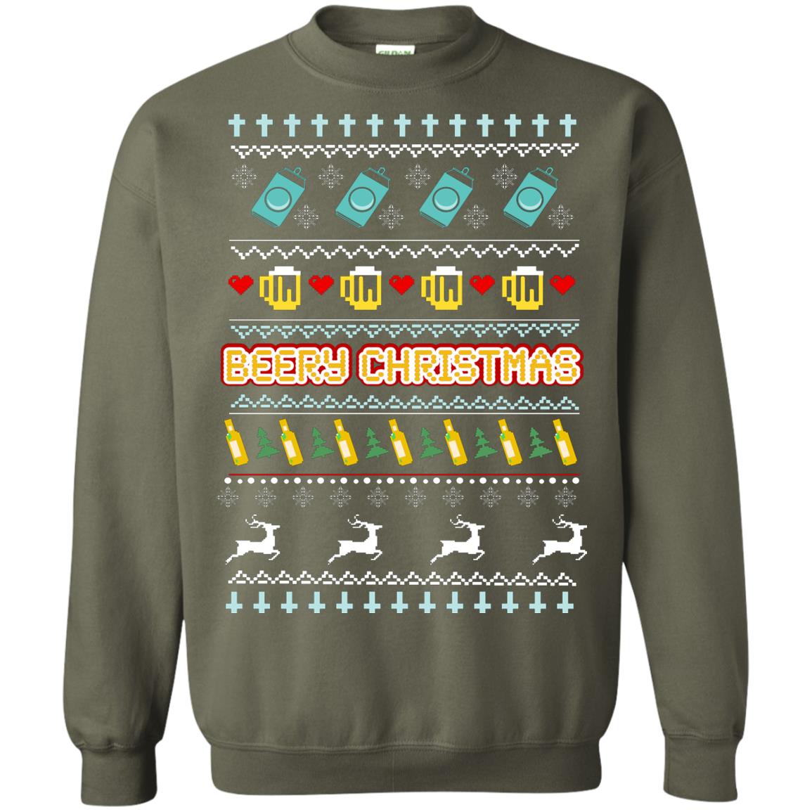 Beery Christmas Merry X-mas Beer Drinking Lovers Gift Shirt Military Green