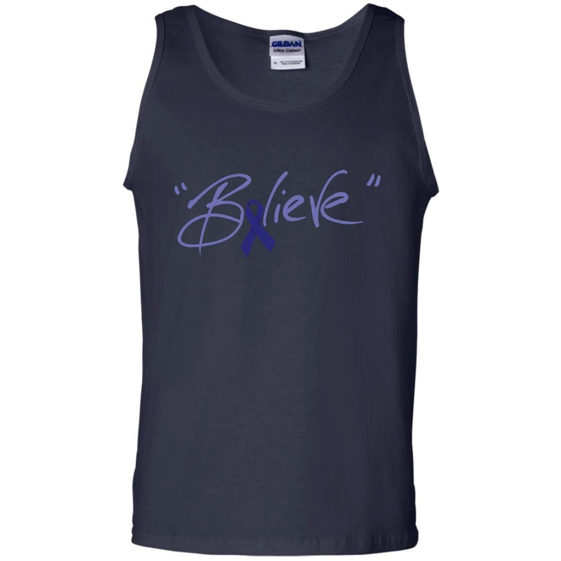 Colon Cancer Awareness Shirt Dark Blue Ribbon Believe Navy
