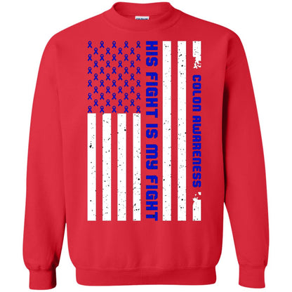 Colon Awareness His Fight Is My Fight Dark Blue Ribbon Stars Flag Of Usa Shirt Red