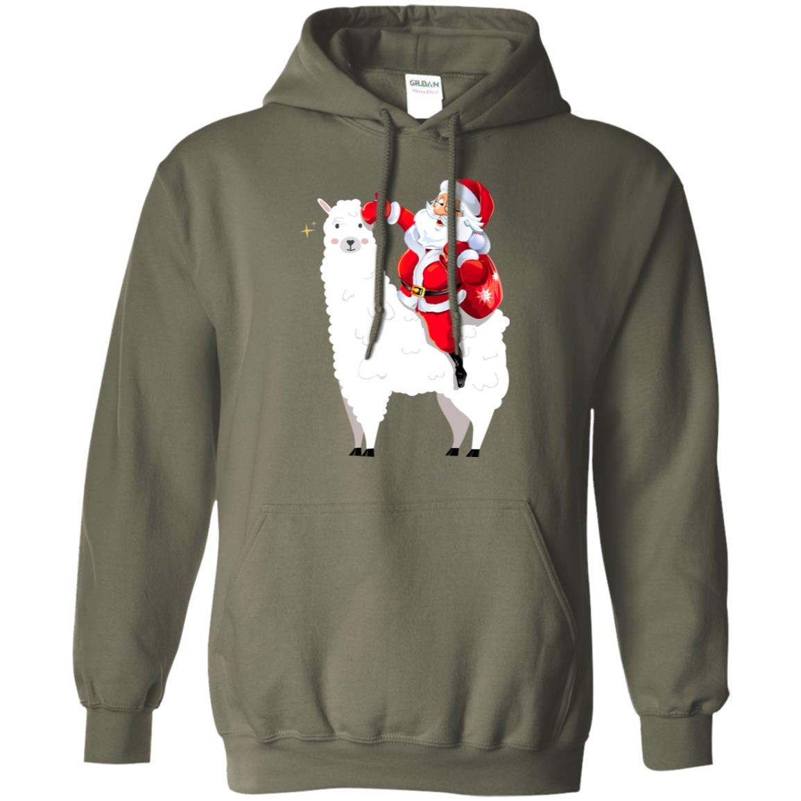 Alpaca Llama And Santa Claus X-mas Gift Shirt Military Green