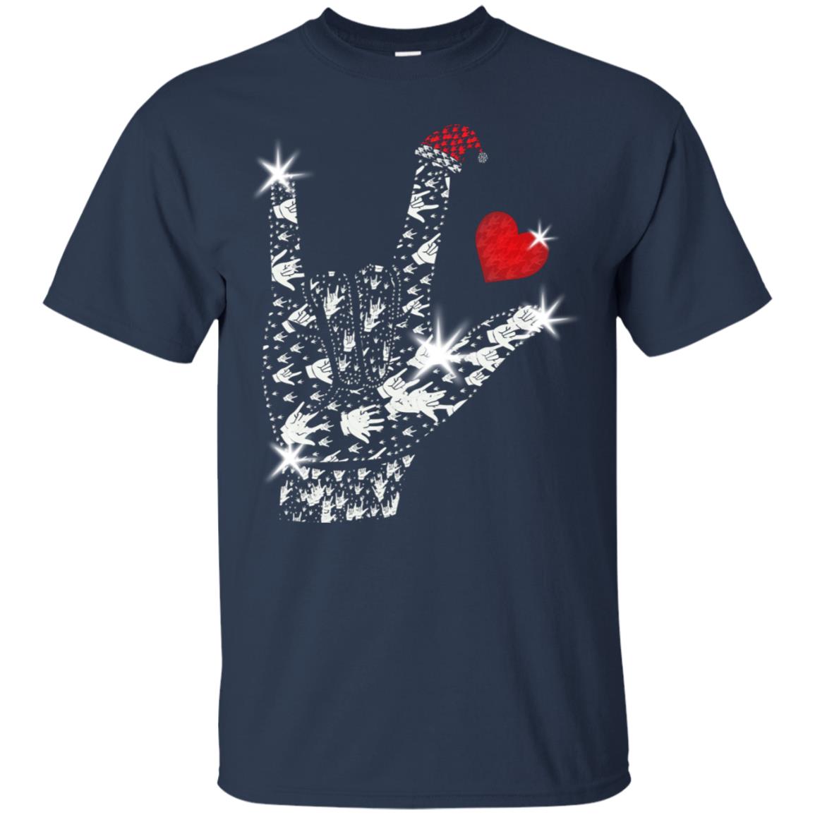 Rocknroll Sign Hand With Santa Claus Hat X-mas Shirt For Rock Music Lovers Navy