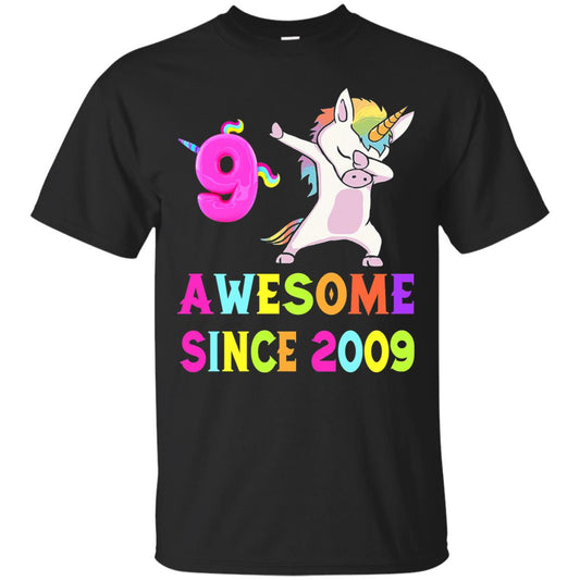 Unicorn Dabbing Awesome Since 2009 9th Birthday T-shirt Black