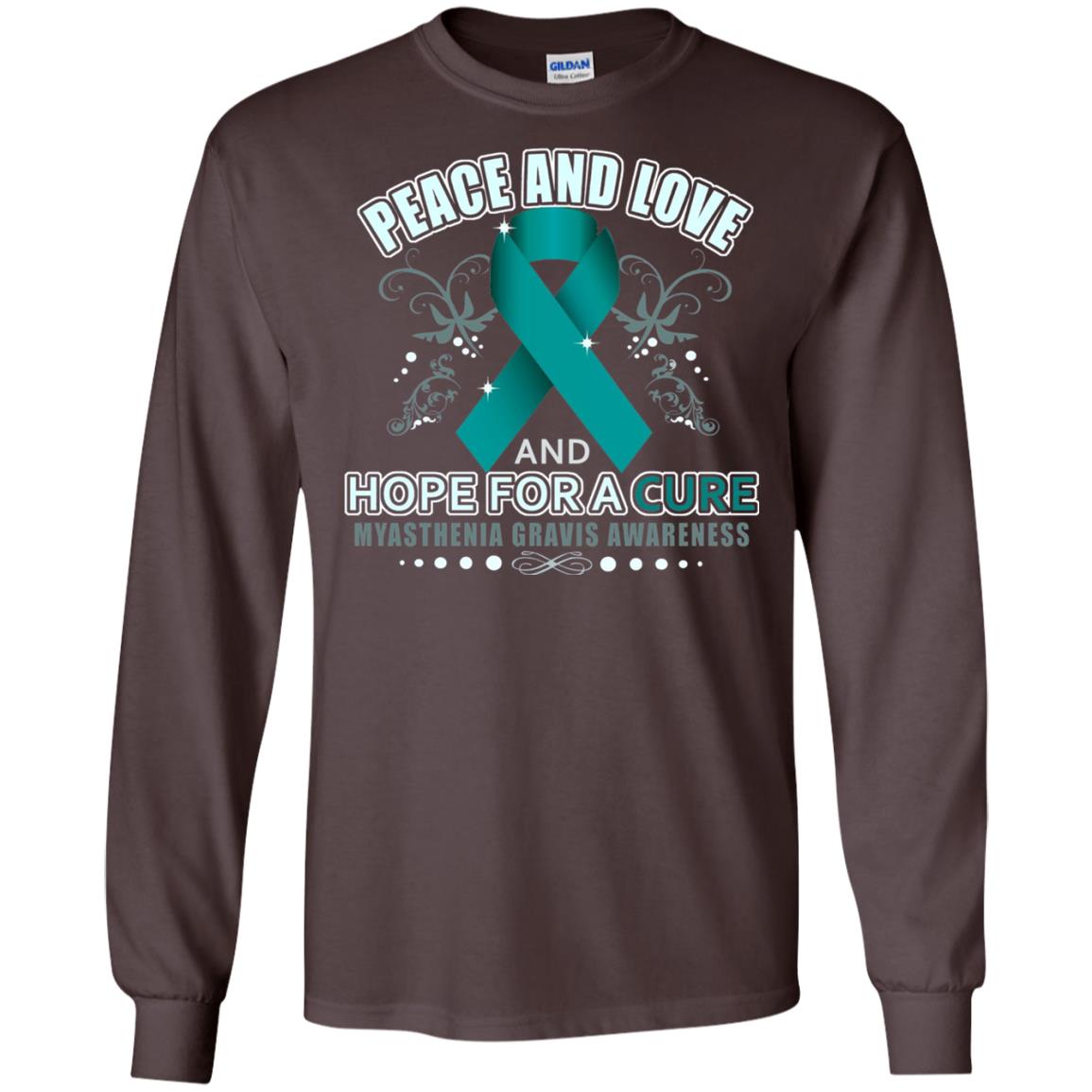 Myasthenia Gravis Awareness T-shirt Peace Love And Hope Dark Chocolate