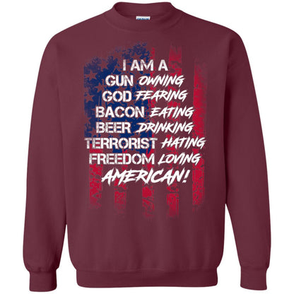 Military T-shirt I Am A Gun Owning God Fearing Bacon Eating Maroon
