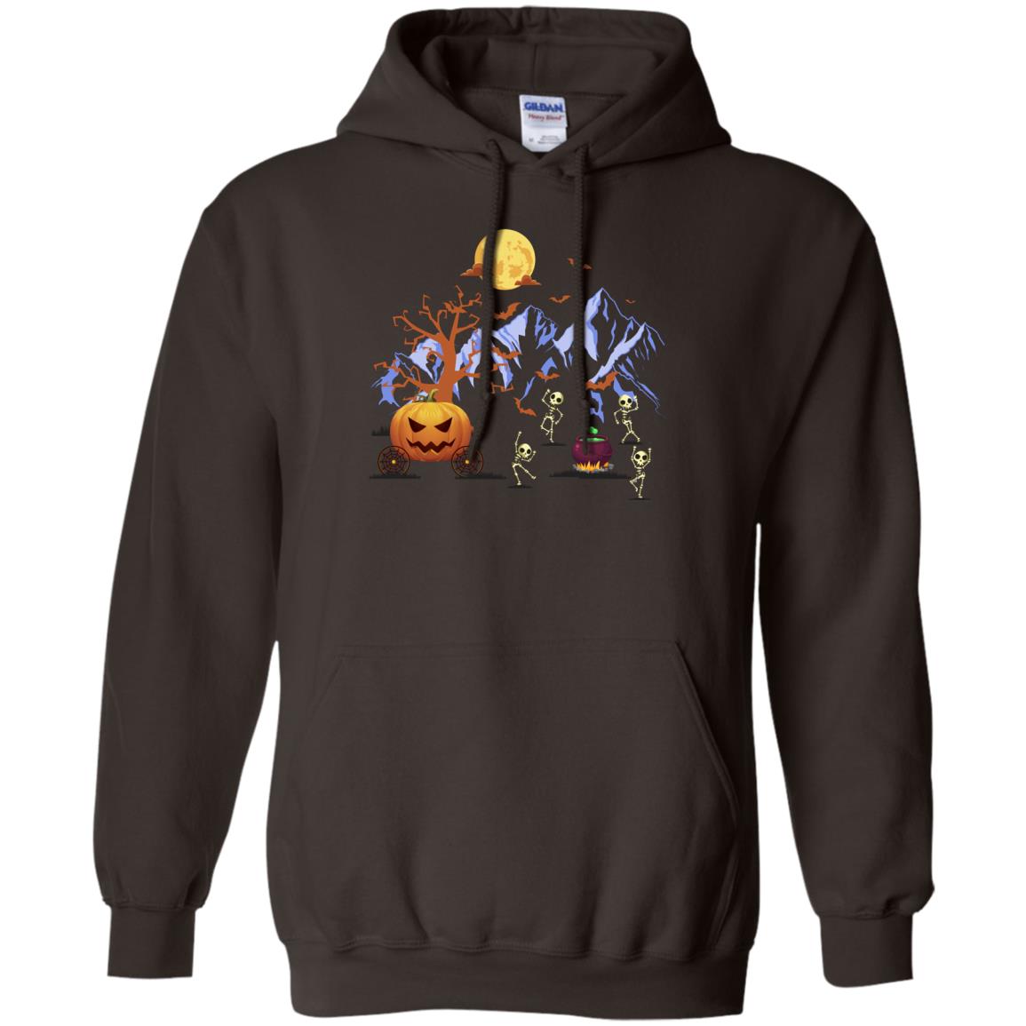 Dancing Skeleton With Pumpkin Funny Halloween Gift Shirt Dark Chocolate