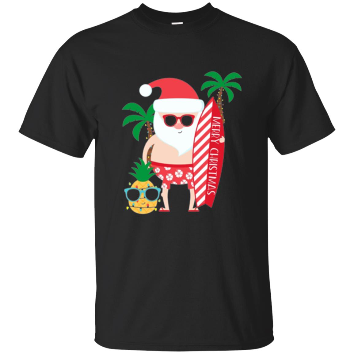 Christmas T-shirt Santa Claus Surfing Hawaiian Black