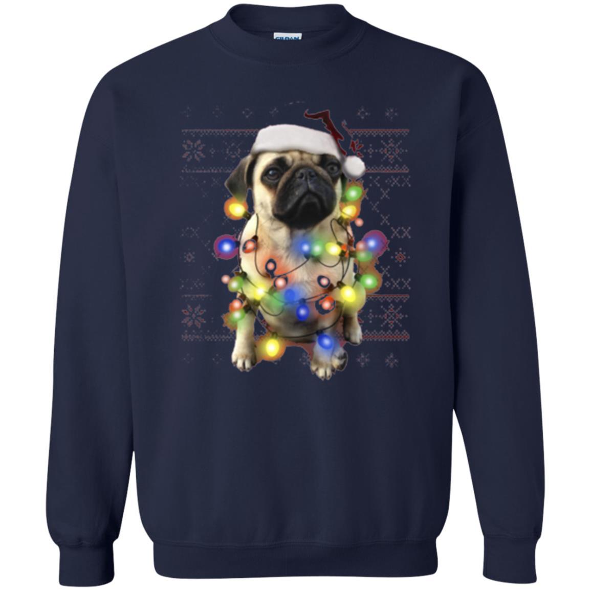 Dog Lover T-shirt Ugly Sweater Photoreal Christmas Lights Pug Graphic Navy