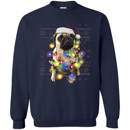 Dog Lover T-shirt Ugly Sweater Photoreal Christmas Lights Pug Graphic Navy
