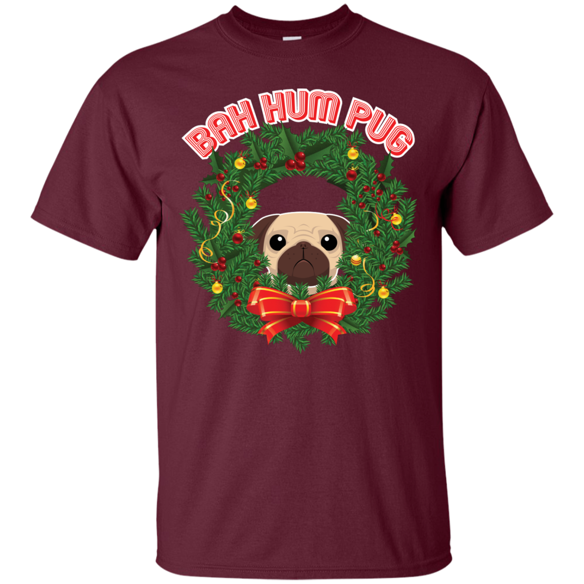 Christmas T-Shirt Bah Hum Pug Maroon