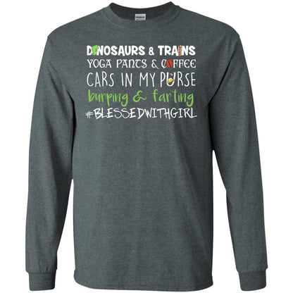 Dinosaurs And Trains Yoga Pants Coffee Cars In My Purse Buring Farting Mom Of Girls Shirt Dark Heather