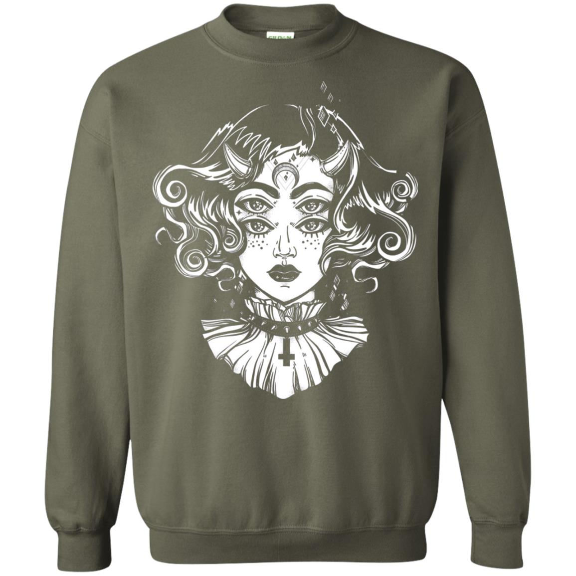 Horned Devil Girl Tshirt Satanic Halloween Glitch Goth Military Green