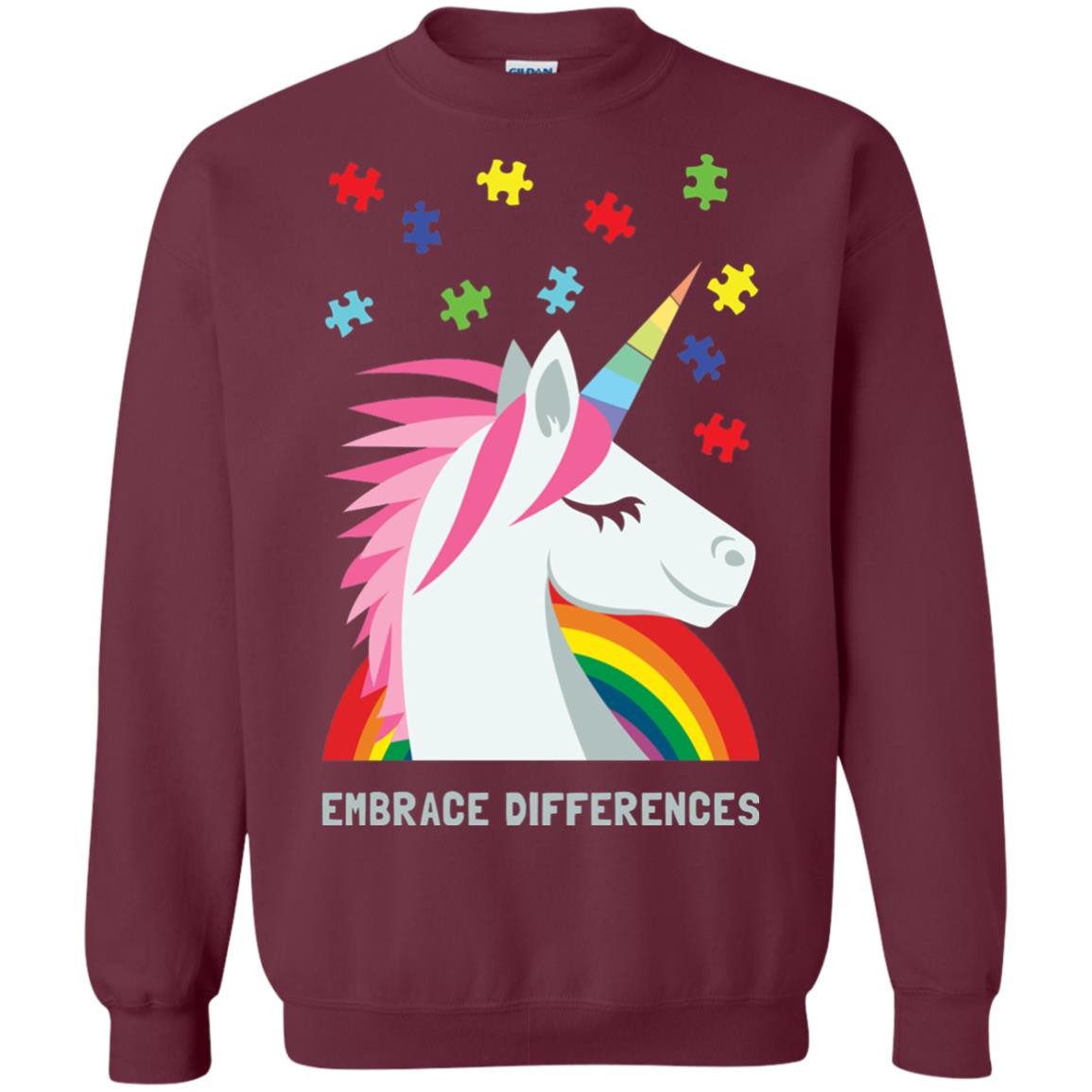 Autism Awareness Shirt Unicorn Puzzle Embrace Differences Maroon