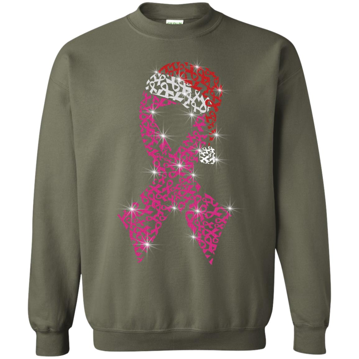 Pink Ribbon With Santa Hat Breast Cancer Awareness X-mas Gift Shirt Military Green