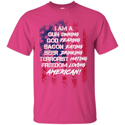 Military T-shirt I Am A Gun Owning God Fearing Bacon Eating Heliconia