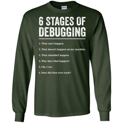Programmer T-shirt 6 Stages Of Debugging Forest Green