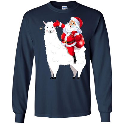 Alpaca Llama And Santa Claus X-mas Gift Shirt Navy