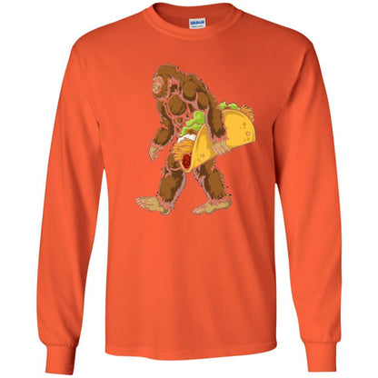 Camping T-shirt Bigfoot Sasquatch Carrying Taco Orange
