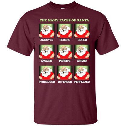 The Many Faces Of Santa Humor X-mas Gift Shirt Maroon