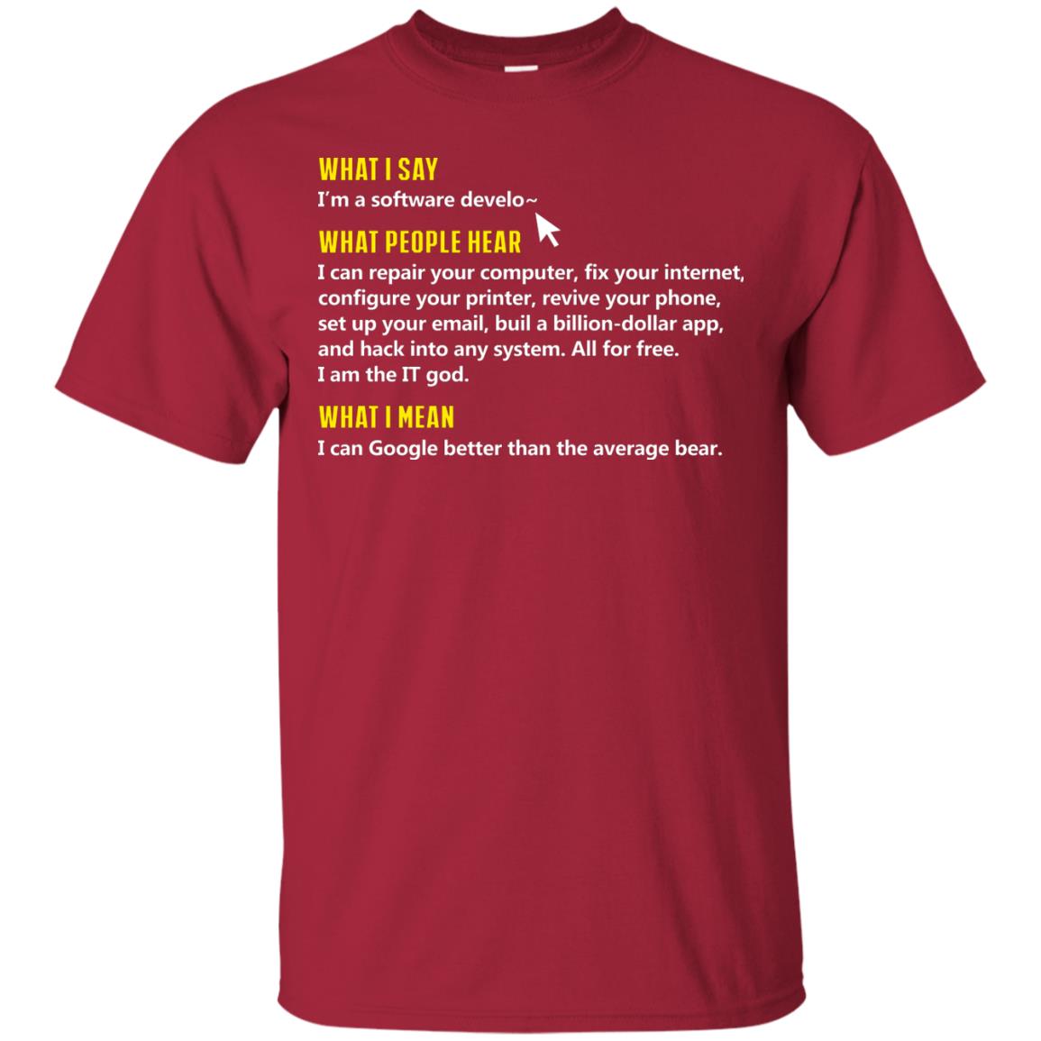 What I Say I_m A Software Develop What People Hear Shirt Cardinal