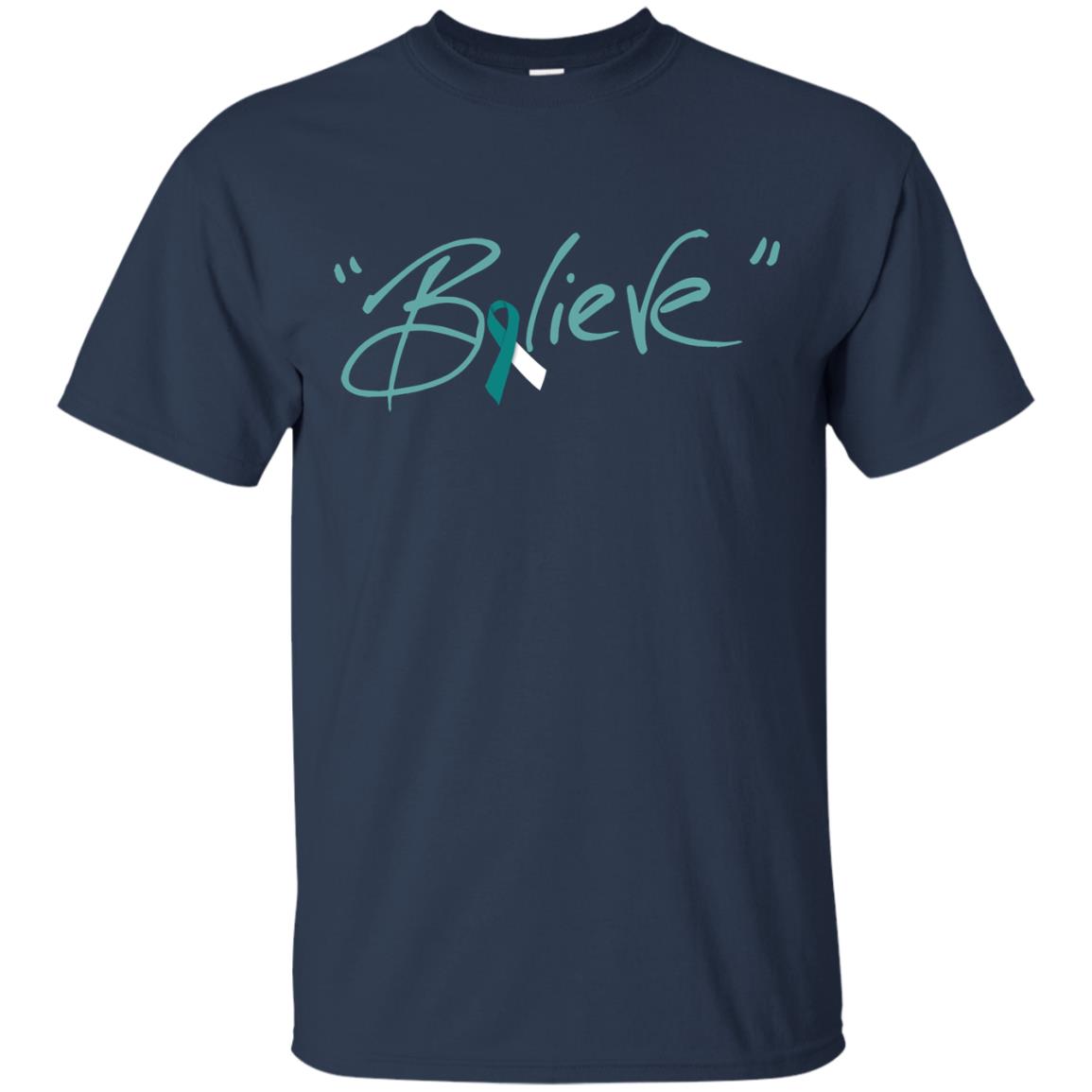 Cervical Cancer Awareness Shirt Teal White Ribbon Believe Navy