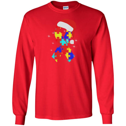 Autism Puzzle Ribbon Santa Hat X-mas Gift Shirt Red