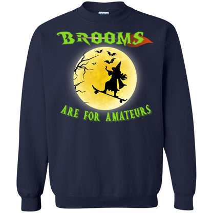 Brooms Are For Amateurs Witches Ride Skateboard Funny Halloween Shirt Navy
