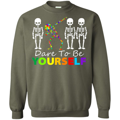 Skeleton Dabbing Dare To Be Yourself Autism Awareness Shirt Military Green