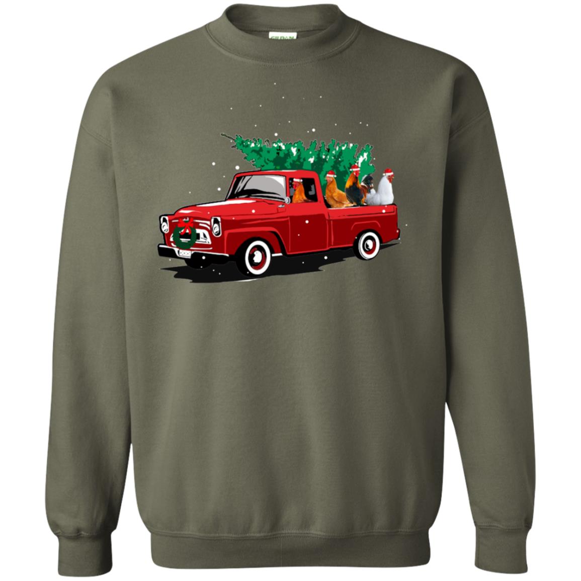 Chickens On Car Merry Christmas Gift Shirt For Mens Womens Military Green