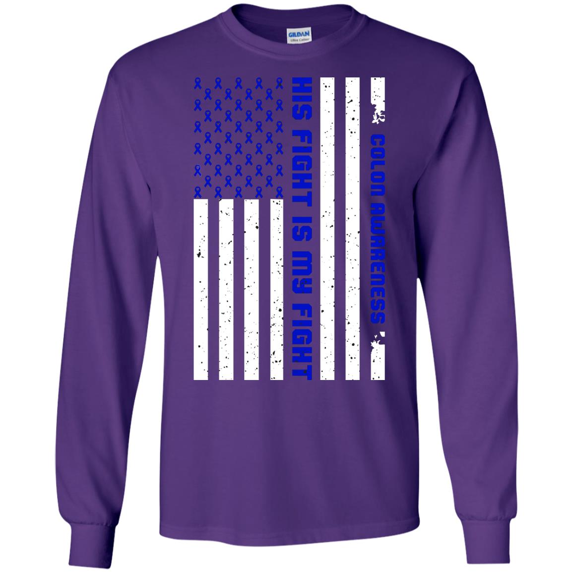 Colon Awareness His Fight Is My Fight Dark Blue Ribbon Stars Flag Of Usa Shirt Purple