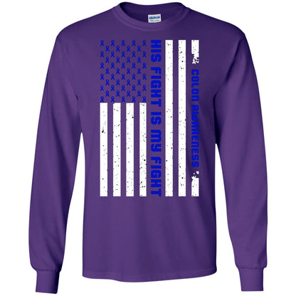 Colon Awareness His Fight Is My Fight Dark Blue Ribbon Stars Flag Of Usa Shirt Purple
