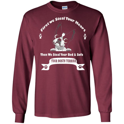 Frist We Steal Your Heart Boston Terrier T-shirt Maroon