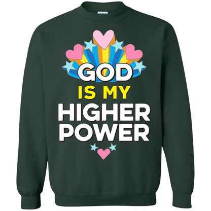 Funny Christian T-shirt God Is My Higher Power Hearts Stars Forest Green