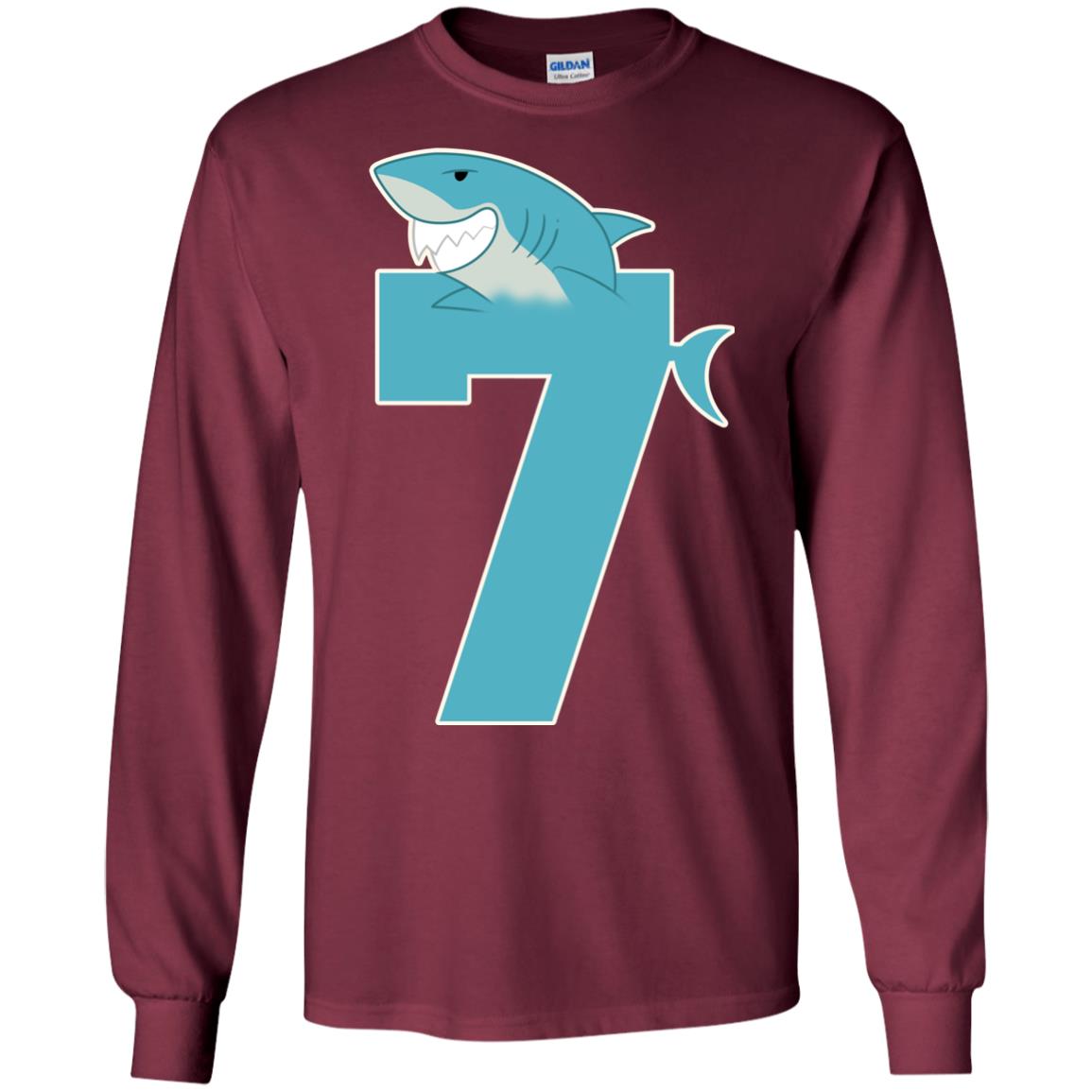 7th Birthday Shark Party Shirt Maroon